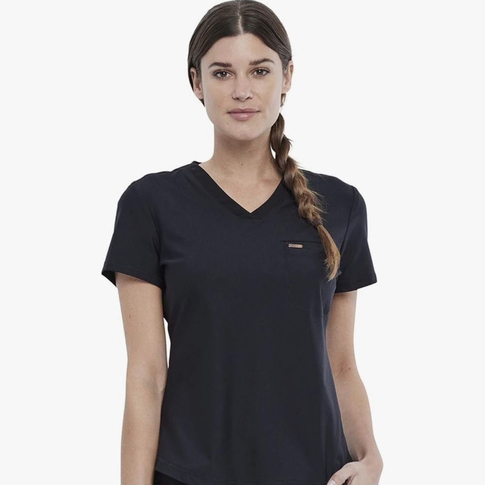 Black V-Neck Short Sleeve Cherokee Form Scrub Top 1 Pocket.